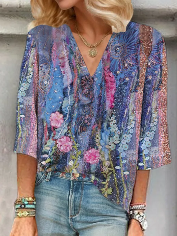 Image of Women's Floral Print V-Neck Casual Blouse