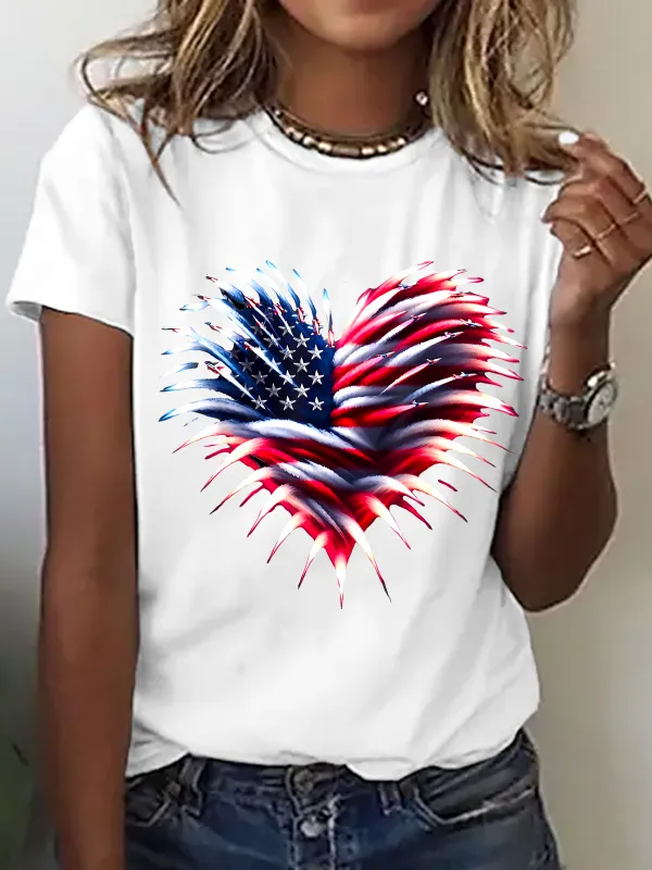 Image of Independence Day Flag Heart Fireworks Cotton T-Shirt