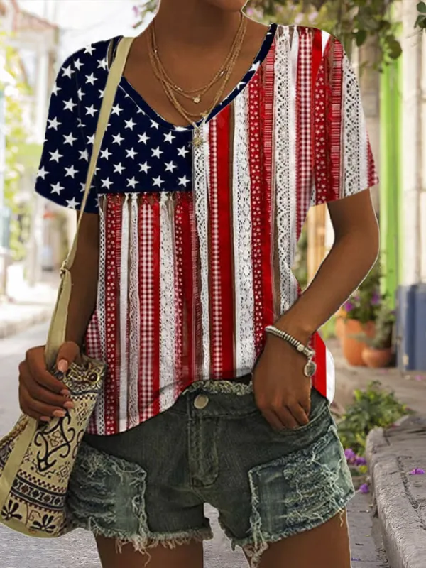 Image of Women's Casual Independence Day Flag Graphic Print V-Neck Short Sleeve T-Shirt