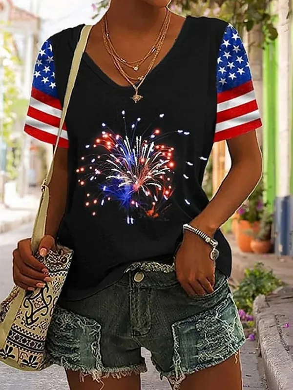 Image of Women's American Flag Fireworks Print V-Neck Cotton Blend Short Sleeve T-Shirt