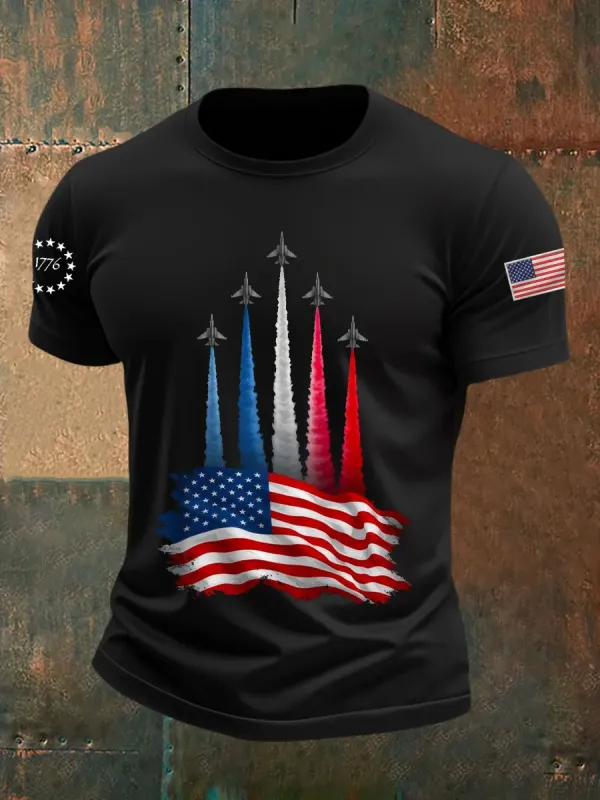 Image of Men's Independence Day American Flag Jet Planes Print Casual Tee