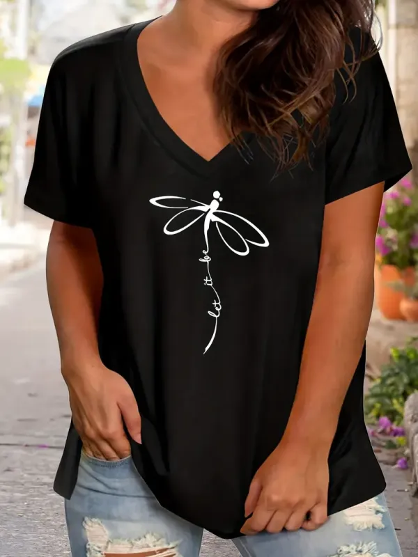 Image of Women's Dragonfly Spring Print Casual V-Neck Short Sleeve T-Shirt