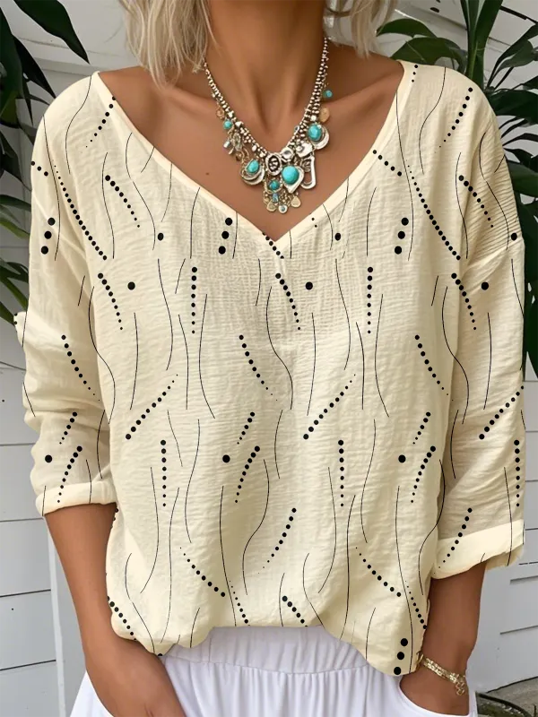 Image of Print Casual V Neck Long Sleeve T-Shirt