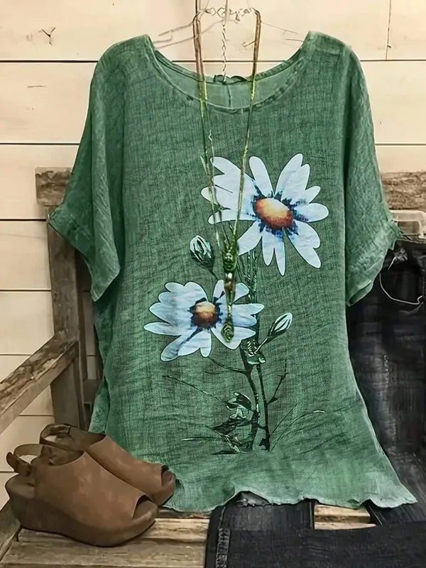 Image of Dolman Sleeve Daisy Casual Crew Neck Loose T-Shirt