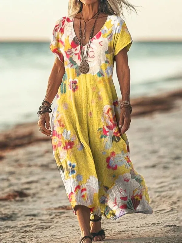 Image of V Neck Vacation Regular Fit Cotton Dress With No Belt