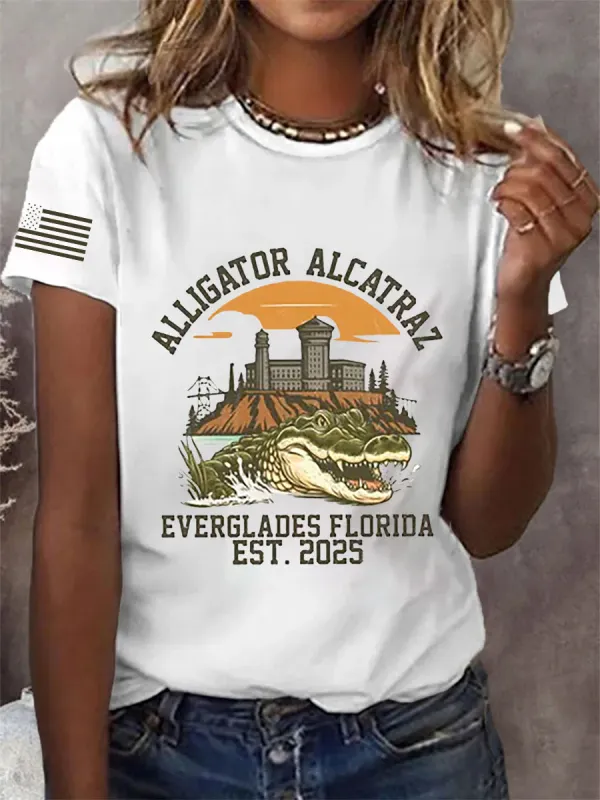 Image of Women's Retro Alligator Alcatraz Funny Florida Everglades Dark Humor Short Sleeve Tee
