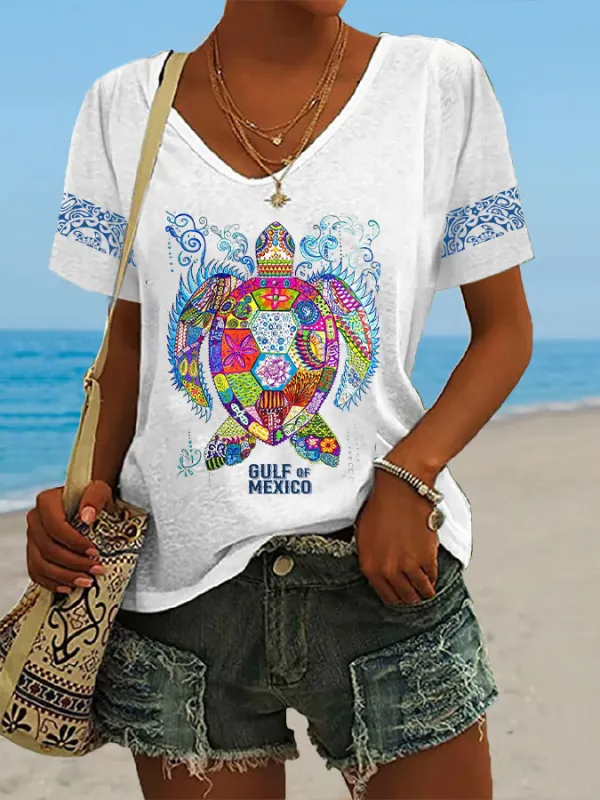 Image of Women's Gulf Of Mexico Print Casual V Neck T-Shirt