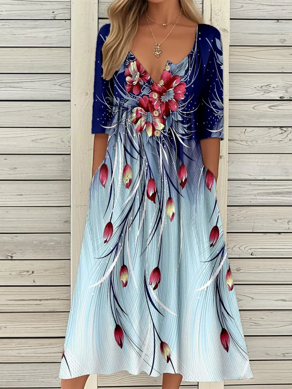 Image of Casual Vintage Button Mid Sleeve Print Dress