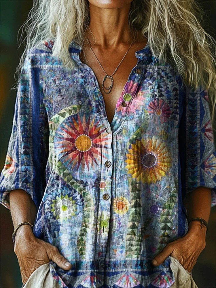 Image of Women's Vintage Bohemian Floral Art Print Casual Cotton Linen Shirt