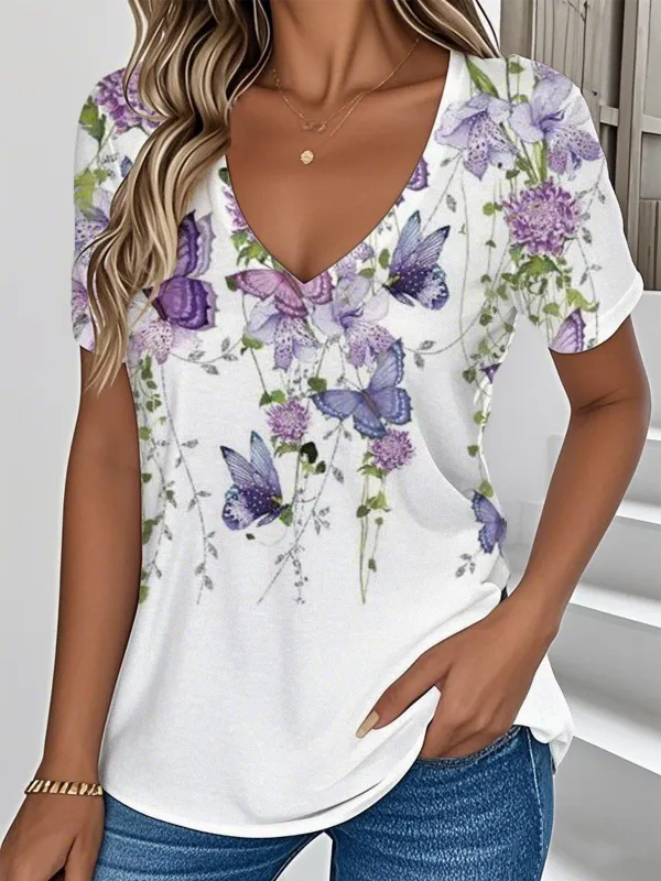 Image of Floral Simple V Neck T-Shirt