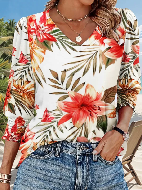 Image of Floral Casual Cotton T-Shirt
