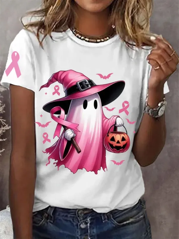Image of Women's In October We Wear Pink Halloween Ghost Breast Cancer Awareness Tee