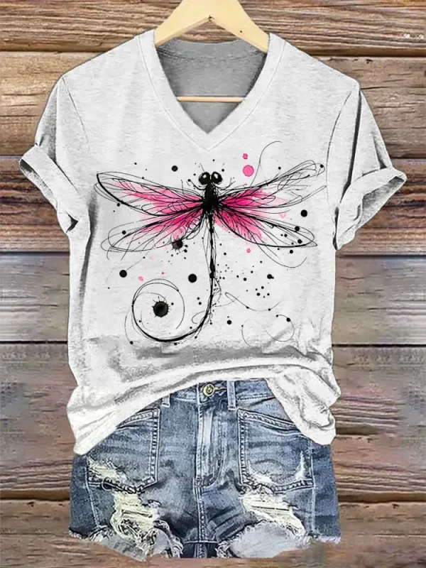 Image of Women's Dragonfly Breast Cancer Awareness V-neck Casual T-Shirt