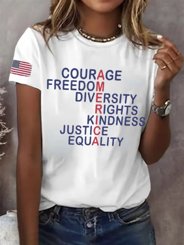 Image of Retro America Courage Freedom Diversity Rights Kindness Justice Equality Print T-Shirt