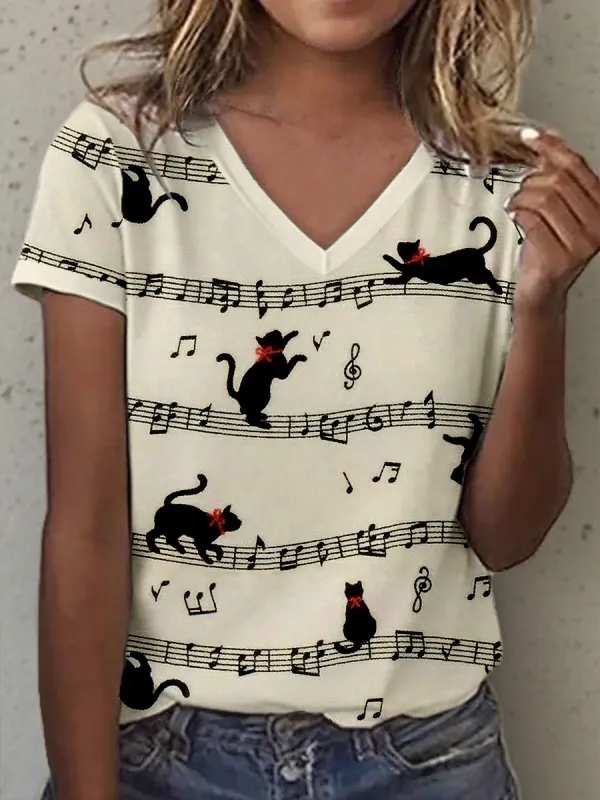 Image of Women's Cat and Music Notes Art Print Vintage T-Shirt