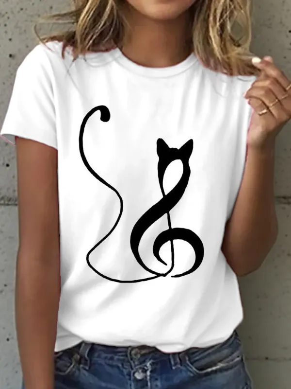 Image of Women's Music Notes and Cat Print T-Shirt