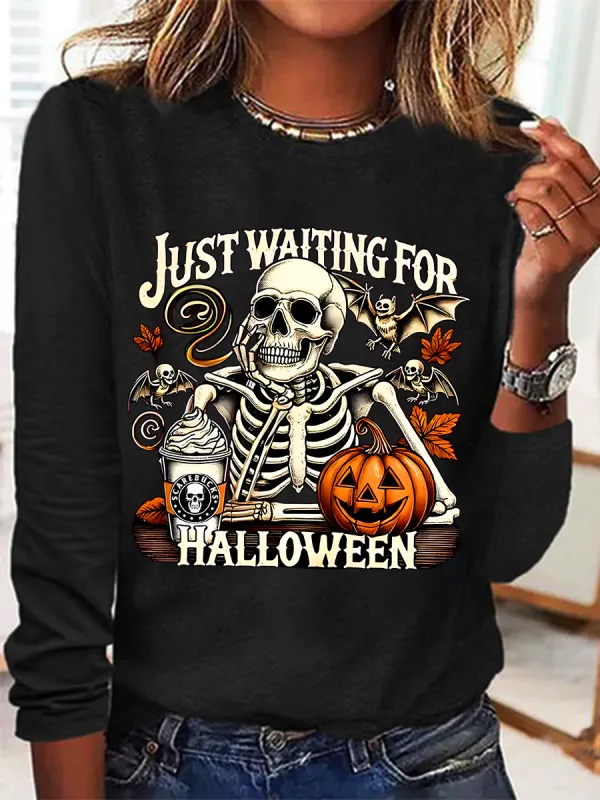 Image of Women's Just Waiting for Halloween Funny Long Sleeve T-Shirt