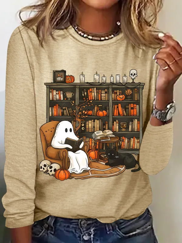 Image of Women's Vintage Ghost Reading Halloween Librarian, Teacher Long Sleeve T-Shirt