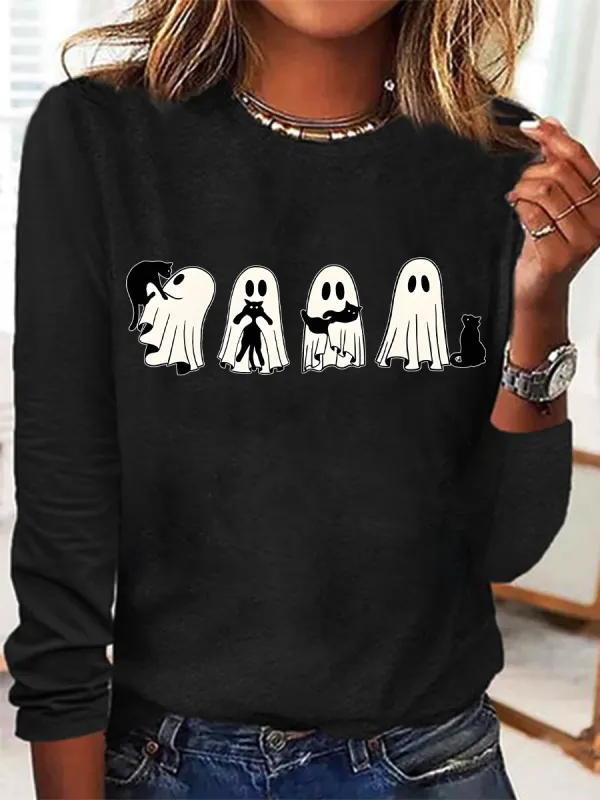 Image of Women's Halloween Black Cat Long Sleeve T-Shirt