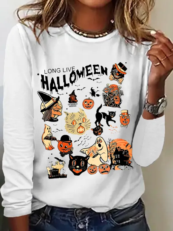 Image of Women's Halloween Horror Season Black Cat Pumpkin Long Sleeve T-shirt