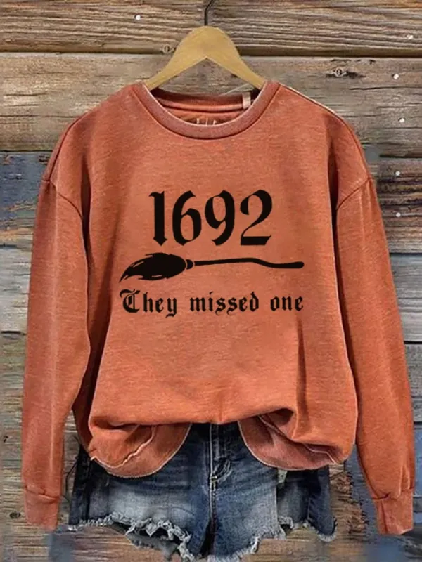 Image of Women's 1692 They Missed One Salem Witch Printed Round Neck Long Sleeve Sweatshirt