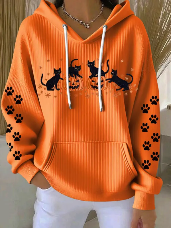 Image of Women's Halloween Black Cat Pumpkin Print Casual Hooded Sweatshirt