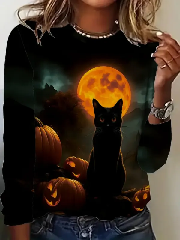 Image of Women's Long Sleeve T-shirt Spring/Fall Black Halloween (pumpkin) Printing Jersey Crew Neck Daily Going Out Casual Top