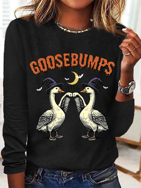 Image of Women's long-sleeved Funny Goose Bumps Halloween, Retro Goose Pumps T-shirt