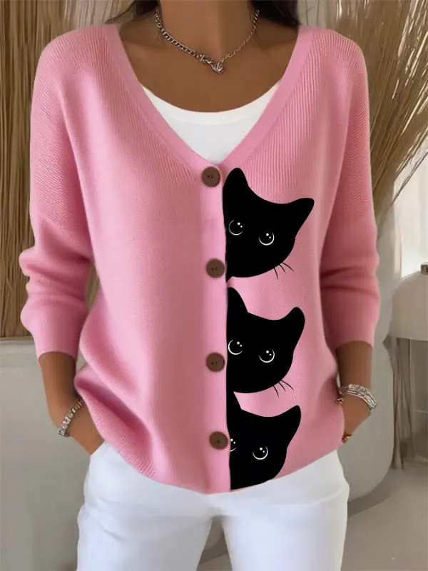 Image of Women's Halloween Fun Black Cat Print Cardigan Sweater