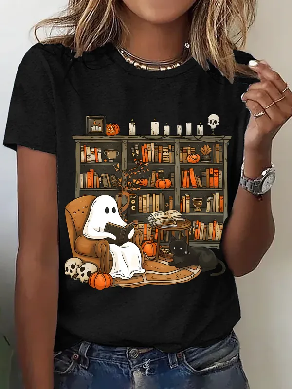 Image of Women's Retro ghost reading halloween librarian teacher T-Shirt