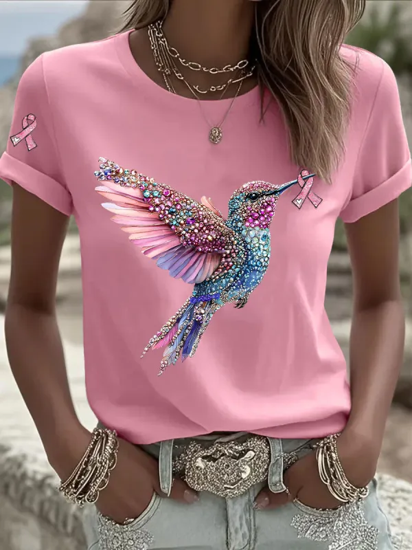 Image of Women's Breast Cancer Hummingbird Ribbon Print Casual T-shirt