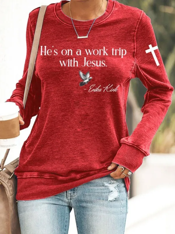 Image of Women's Retro He's On A Work Trip With Jesus Print Sweatshirt