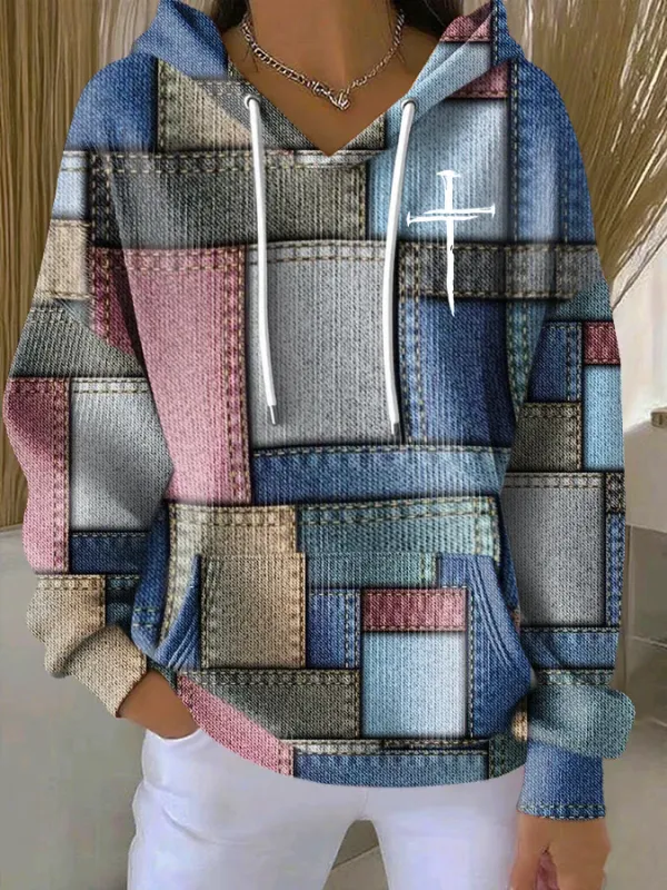 Image of Women's Casual Retro Color Block Contrast Print Faith Texture Hoodie