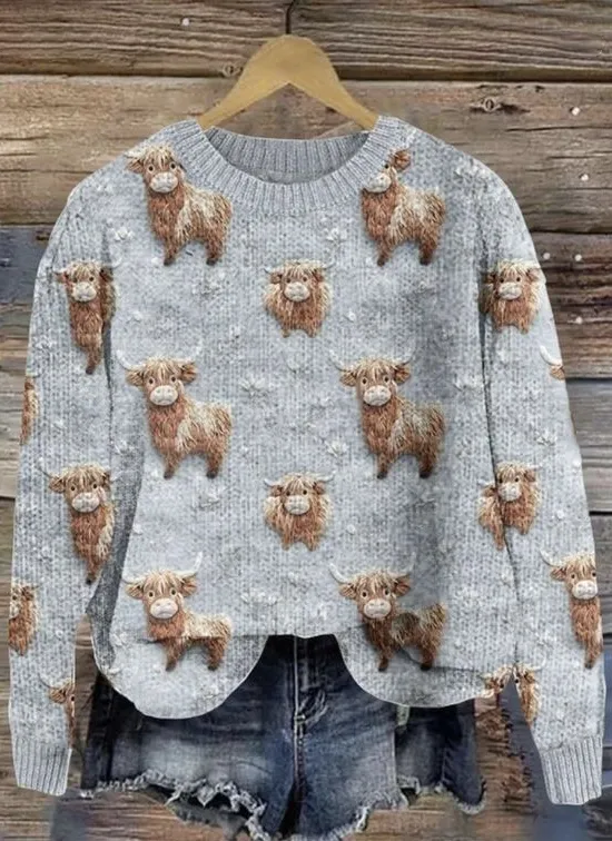 Image of Womens Vintage Highland Cow Casual Knitted Sweater
