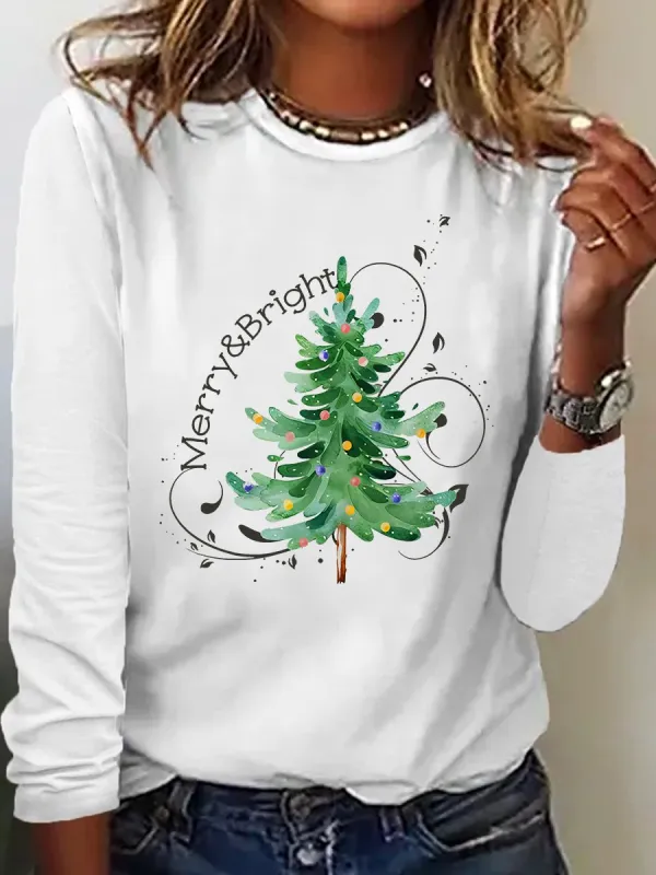 Image of Merry And Bright Christmas Tree🎄 Print Casual Long Sleeve Shirt