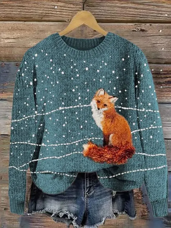 Image of Women's Cute Fox Print Crewneck Knit Sweater