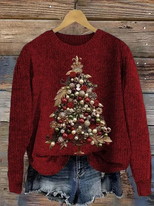 Image of Women's Knitted Crew Neck Casual Christmas Tree Sweater