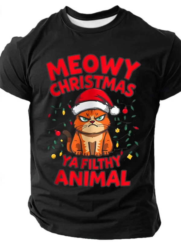 Image of Men's MEOWY CHRISTMAS YA FILTHY ANIMAL Funny Short Sleeve T-shirt