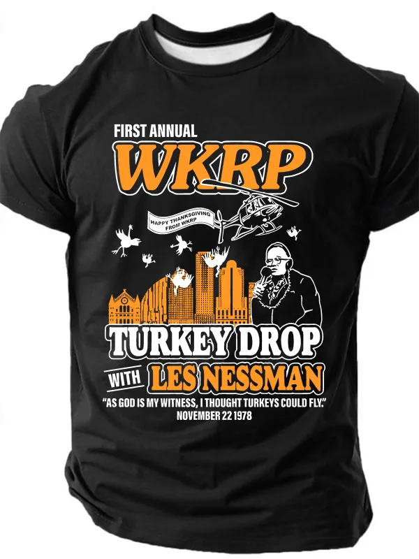 Image of Men's First Annual WKRP Thanksgiving Day Turkey Drop Shirt, WKRP Thanksgiving Short Sleeve T-shirt