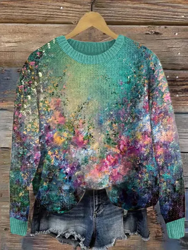 Image of Crew Neck Simple Abstract Loose Sweater