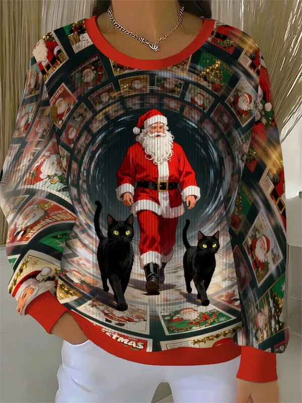 Image of Women's time-traveling Santa Claus and cat print ugly sweatshirt