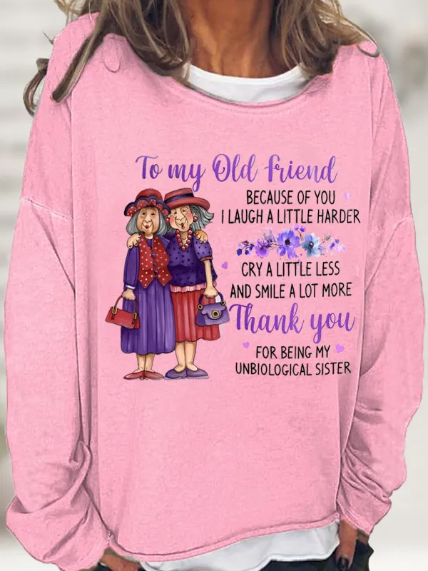 Image of Women's Funny Old Friend Smile A Lot More Graphic Printing Crew Neck Loose Simple Sweatshirt
