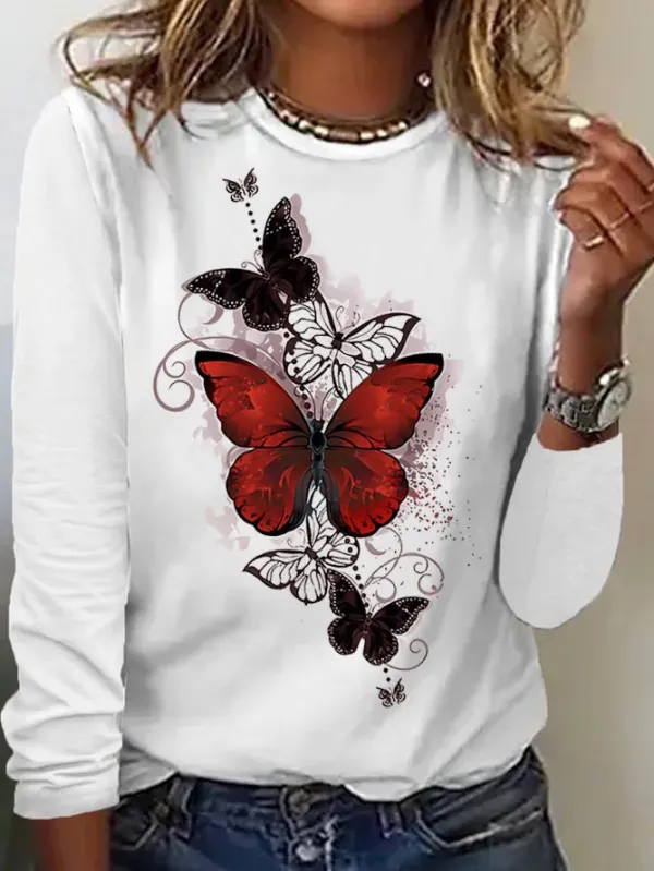 Image of Women's Fashion Butterfly Graphic Printing Casual Regular Fit Top