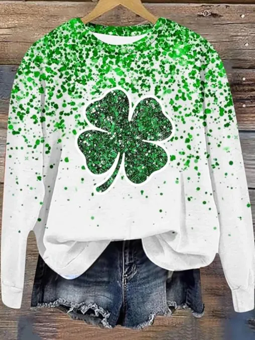 Image of Women's St. Patrick's Day Irish Shirt Green sequin print long-sleeved four-leaf Clover Sweatshirt