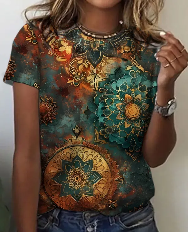 Image of Abstract Pattern Color Contrast Cotton T-Shirt