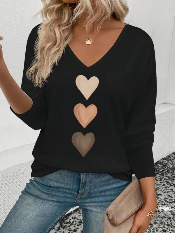Image of Heart Print Valentine's Day Long Sleeve V Neck Heart/Cordate Elegant Going Out Casual T-Shirt
