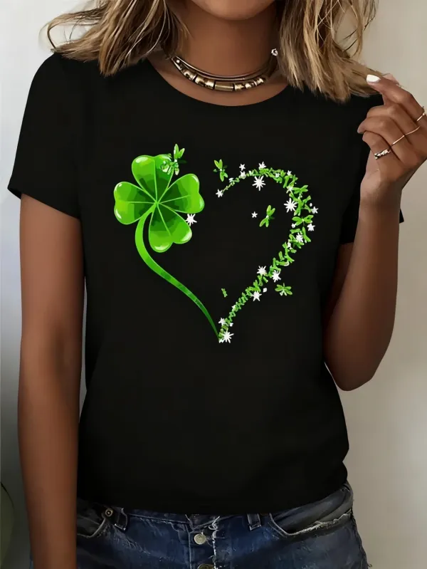 Image of Women's Short Sleeve T-shirt Summer Black Shamrock Printing Jersey Crew Neck Daily Going Out Casual Top