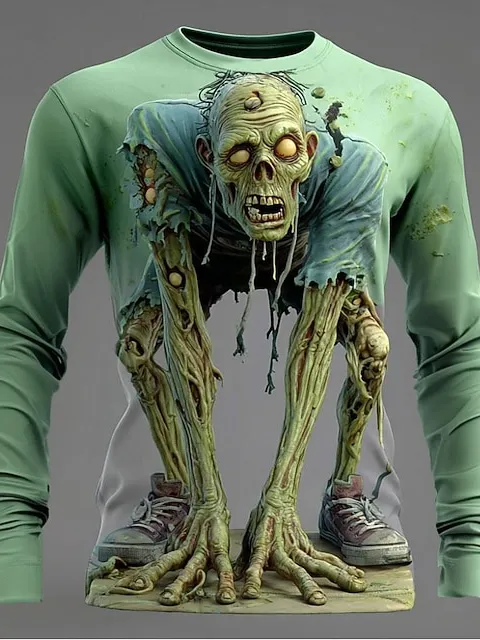 Image of Men's Halloween Funny Skull 3D Print Loose Long Sleeve T-Shirt