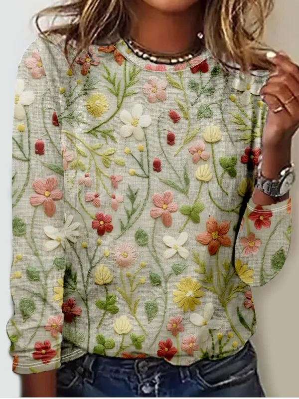 Image of Casual 3D Flower Printing Regular Fit Crew Neck Long Sleeve Shirt