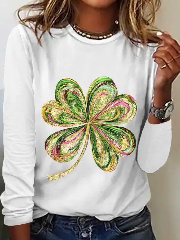 Image of St. Patrick's Day Four Leaf Clover Casual Long Sleeve Shirt
